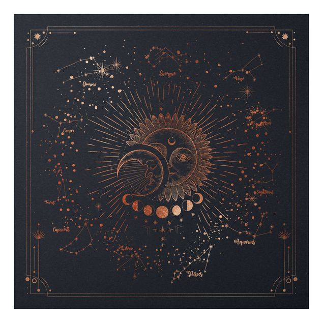 Wanddeko Schlafzimmer Astrologie Sonne Mond und Sterne Blau Gold