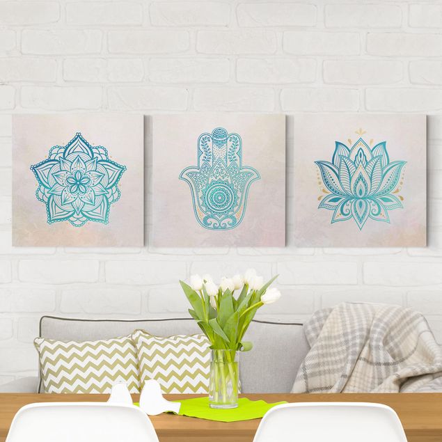Wanddeko Wohnzimmer Mandala Hamsa Hand Lotus Set gold blau