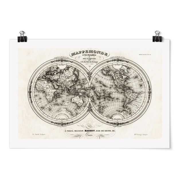Wanddeko Büro Weltkarte - Französische Karte der Hemissphären von 1848