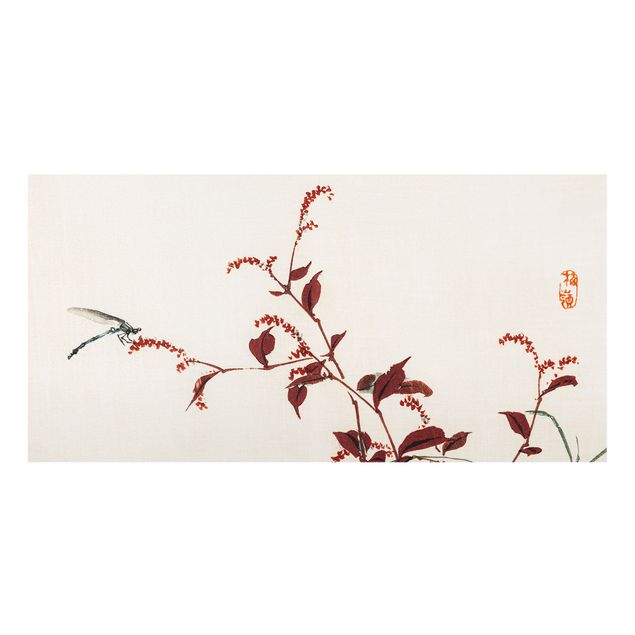 Wohndeko Aquarell Asiatische Vintage Zeichnung Roter Zweig mit Libelle