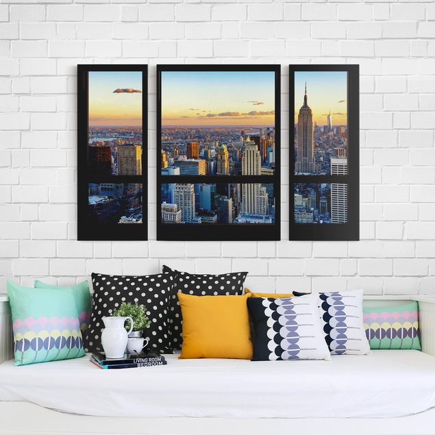 Wanddeko Wohnzimmer Fensterausblick - Sonnenaufgang New York