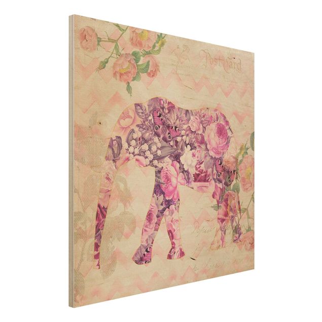 Wanddeko Schlafzimmer Vintage Collage - Rosa Blüten Elefant