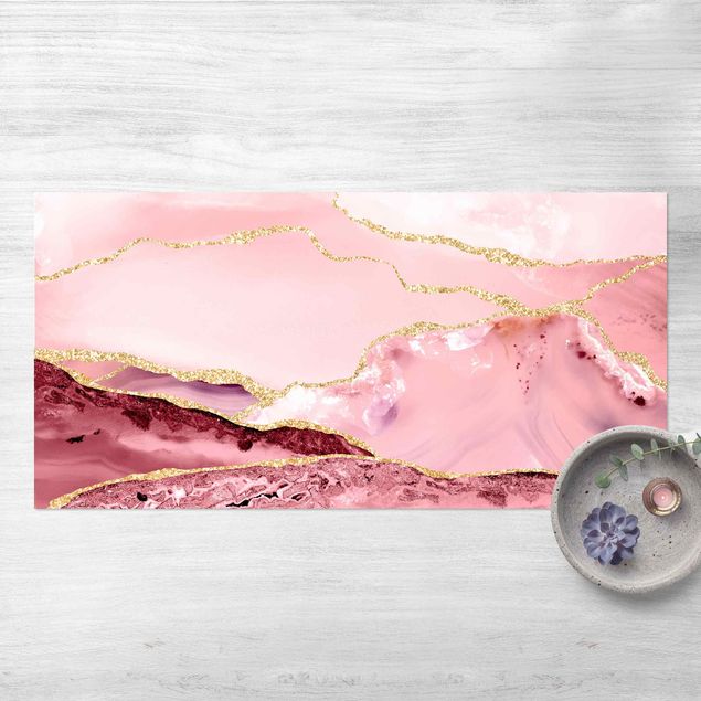Wanddeko Flur Abstrakte Berge Rosa mit Goldenen Linien