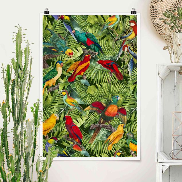 Wanddeko bunt Bunte Collage - Papageien im Dschungel
