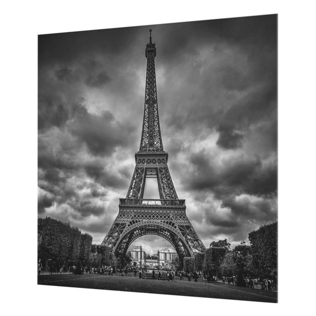 Wanddeko Fotografie Eiffelturm vor Wolken schwarz-weiß