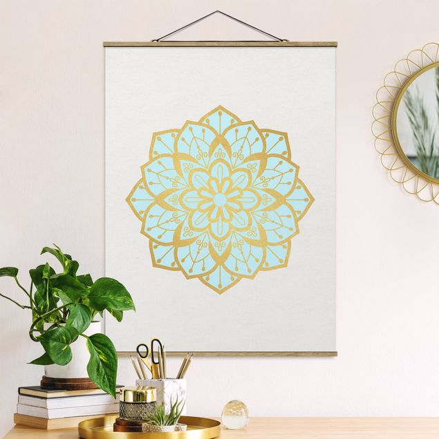Wanddeko Wohnzimmer Mandala Illustration Blüte hellblau gold