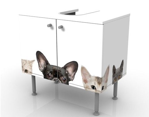Waschbeckenunterschrank mit Motiv Katzen mit Hundeblick
