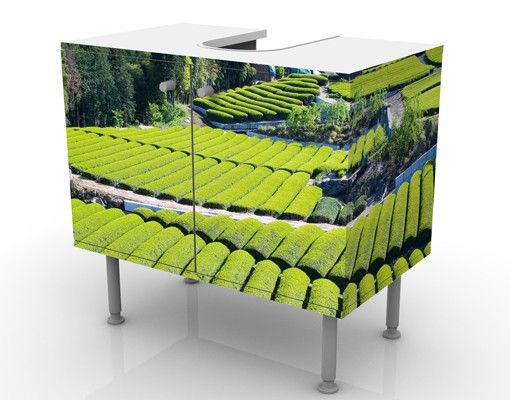 Waschbeckenunterschrank mit Motiv Teefelder vor dem Fuji