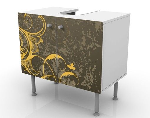Waschbeckenunterschrank - Schnörkel in Gold und Silber - Vintage Badschrank Gelb