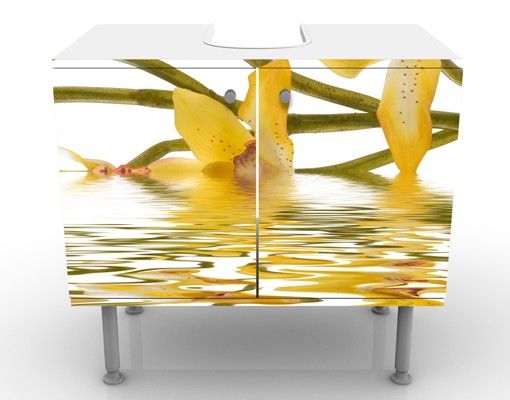 Waschbeckenunterschrank - Saffron Orchid Waters - Blumen Badschrank Weiß Gelb