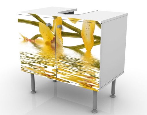 Waschbeckenunterschrank - Saffron Orchid Waters - Blumen Badschrank Weiß Gelb