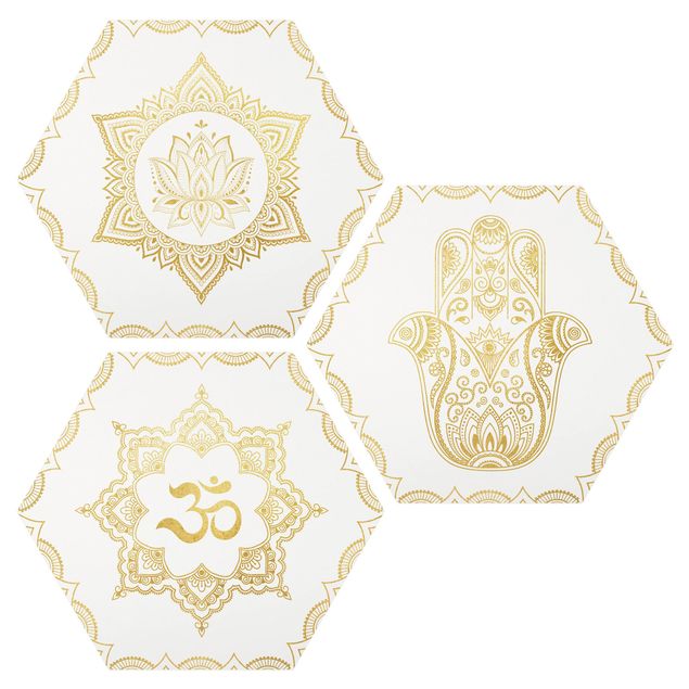 Wanddeko Esszimmer Hamsa Hand Lotus OM Illustration Set Gold