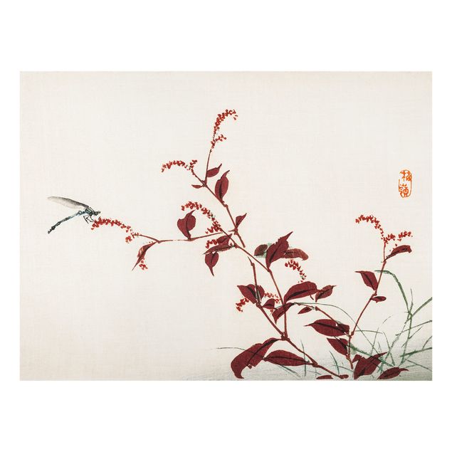 Deko Aquarell Asiatische Vintage Zeichnung Roter Zweig mit Libelle