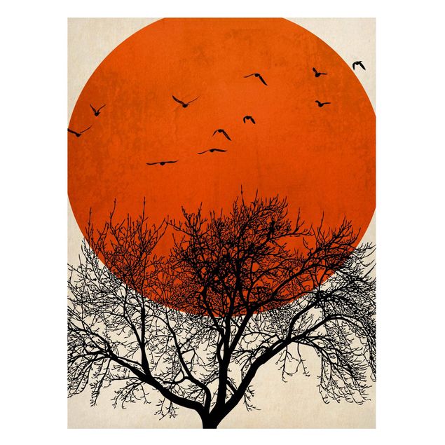 Wanddeko Esszimmer Vogelschwarm vor roter Sonne II