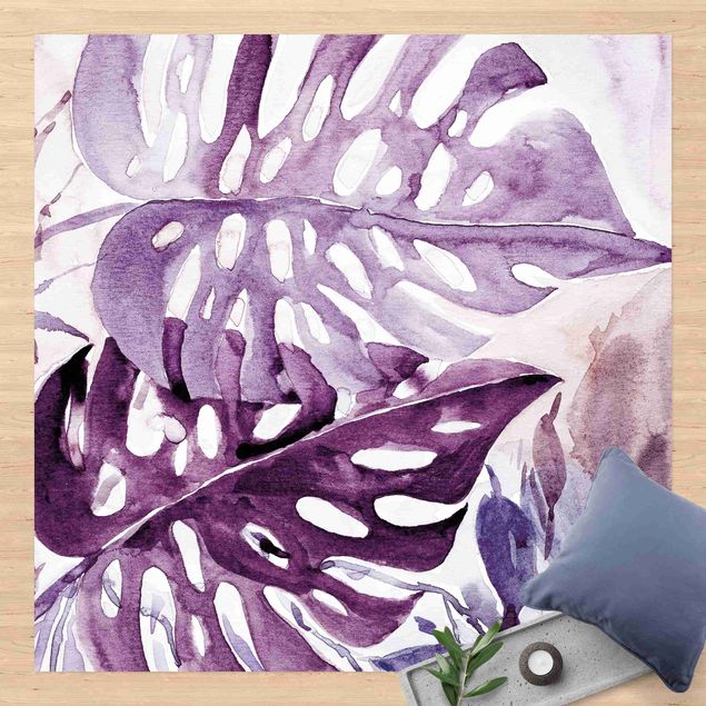 Wanddeko Flur Aquarell Tropische Blätter mit Monstera in Aubergine