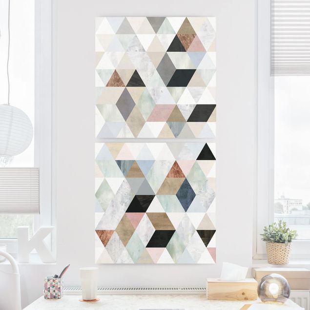 Wanddeko Wohnzimmer Aquarell-Mosaik mit Dreiecken Set I