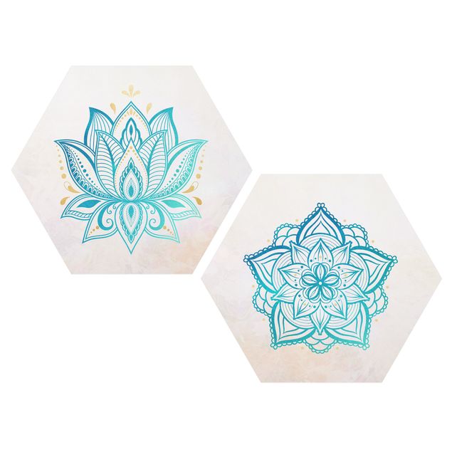 Wanddeko Esszimmer Mandala Lotus Set Gold Blau