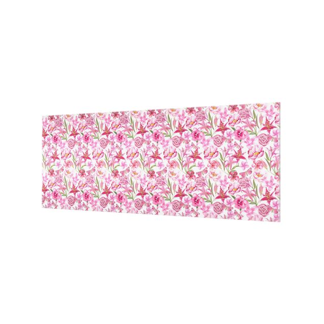 Glasrückwand Küche Blumen Pinke Blumen mit Schmetterlingen