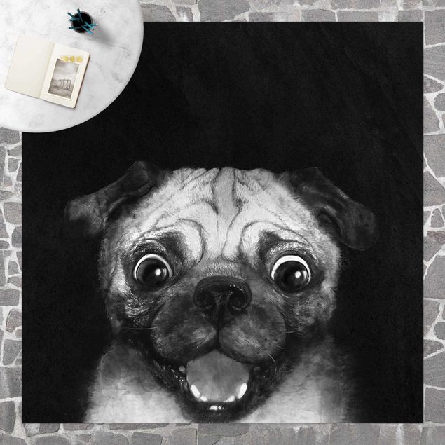 Wanddeko Esszimmer Illustration Hund Mops Malerei auf Schwarz Weiß