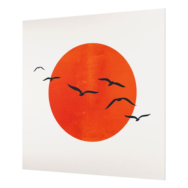 Wohndeko Malerei Vogelschwarm vor roter Sonne I