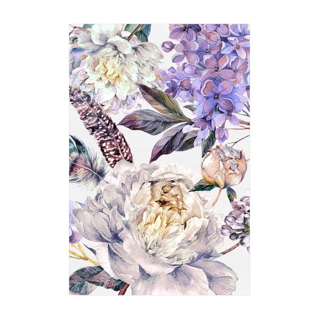 Wanddeko pastell Zartes Aquarell Boho Blüten und Federn Muster