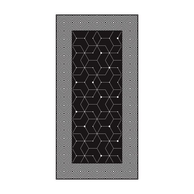 Wanddeko Treppenhaus Geometrische Fliesen Punktlinien Schwarz mit Bordüre