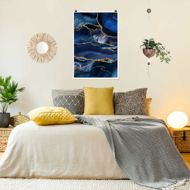 Wanddeko Schlafzimmer Goldene Glitzer Wellen vor Blau