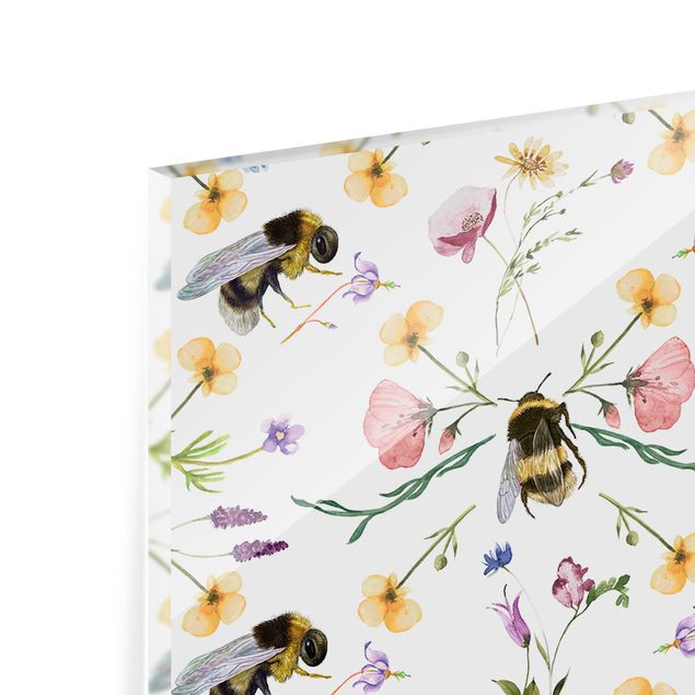 Spritzschutz Küche Glas Bienen mit Blumen