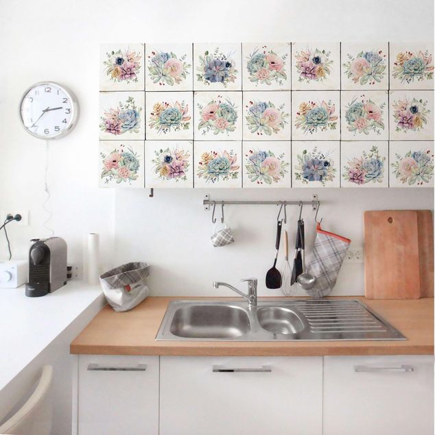 Möbelfolie Küche - Aquarell Blumen Landhaus