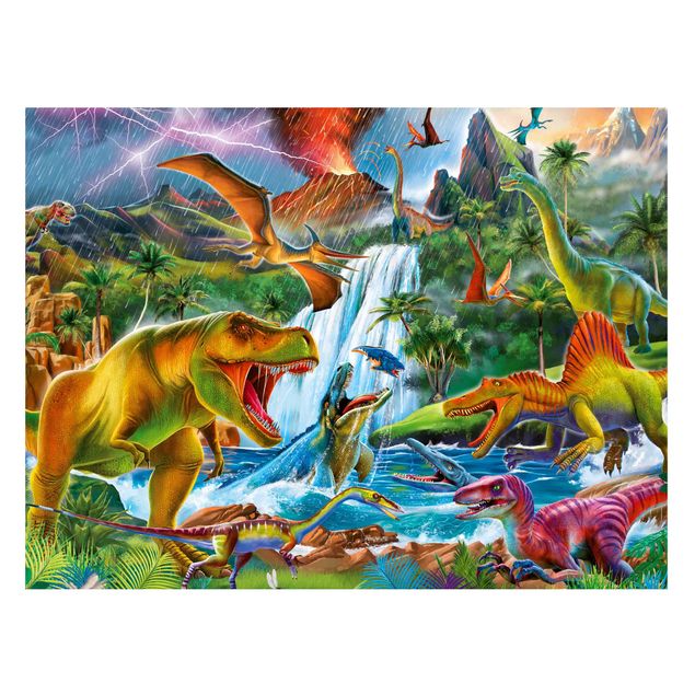 Wanddeko bunt Dinosaurier im Urzeitgewitter