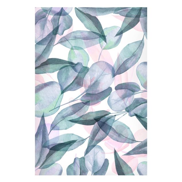 Wanddeko Flur Blaue und Rosane Eukalyptus Aquarellblätter