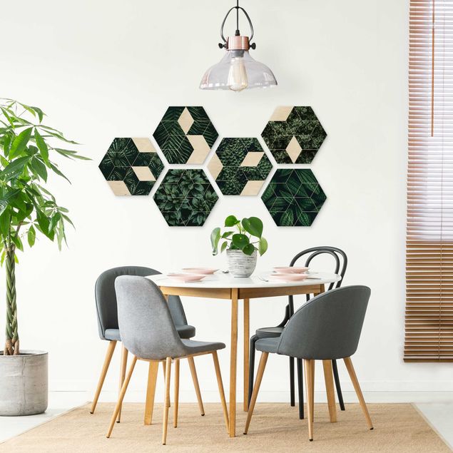 Wanddeko Schlafzimmer Grüne Blätter Geometrie Set II