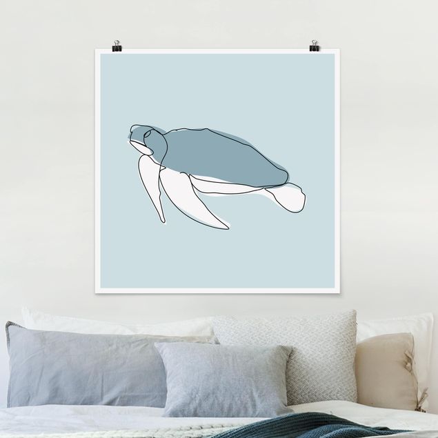 Wanddeko blau Schildkröte Line Art