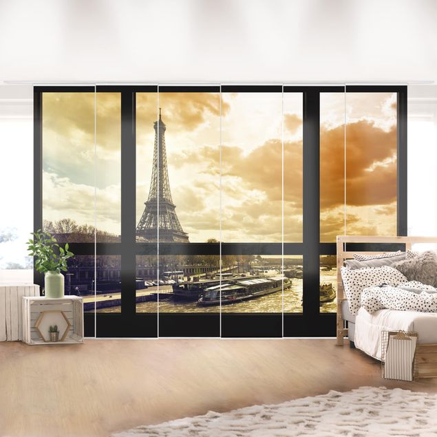 Wanddeko Wohnzimmer Fensterblick - Paris Eiffelturm Sonnenuntergang