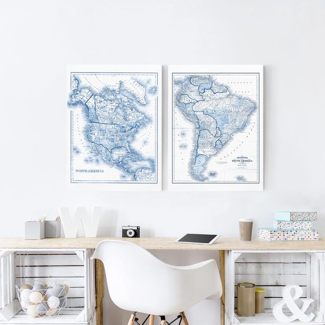 Wanddeko Schlafzimmer Karten in Blautönen Nord- und Südamerika Set I