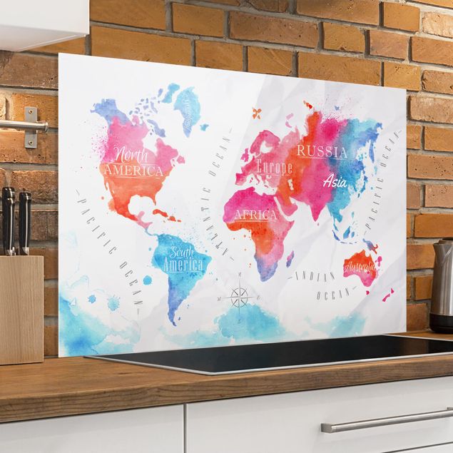 Wanddeko Küche Weltkarte Aquarell rot blau