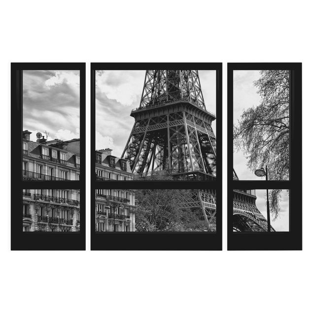 Wanddeko Esszimmer Fensterausblick Paris - Nahe am Eiffelturm schwarz weiß