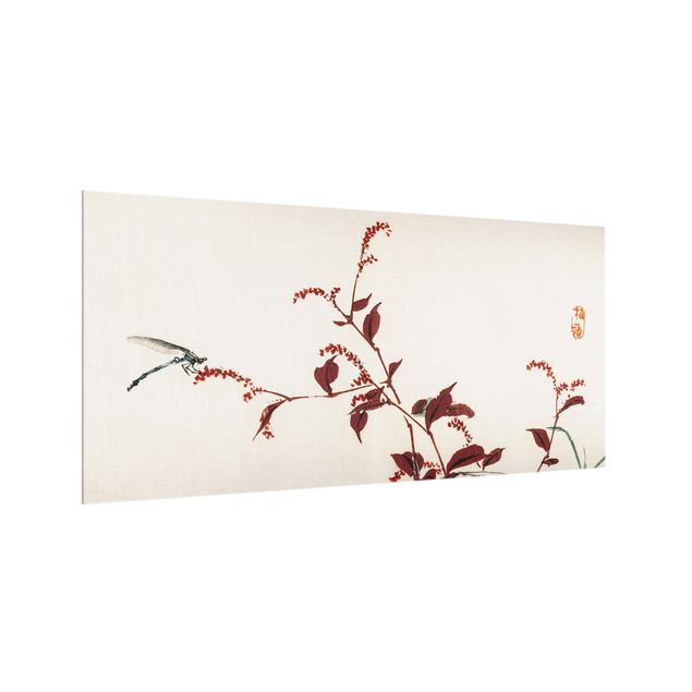 Wanddeko rot Asiatische Vintage Zeichnung Roter Zweig mit Libelle
