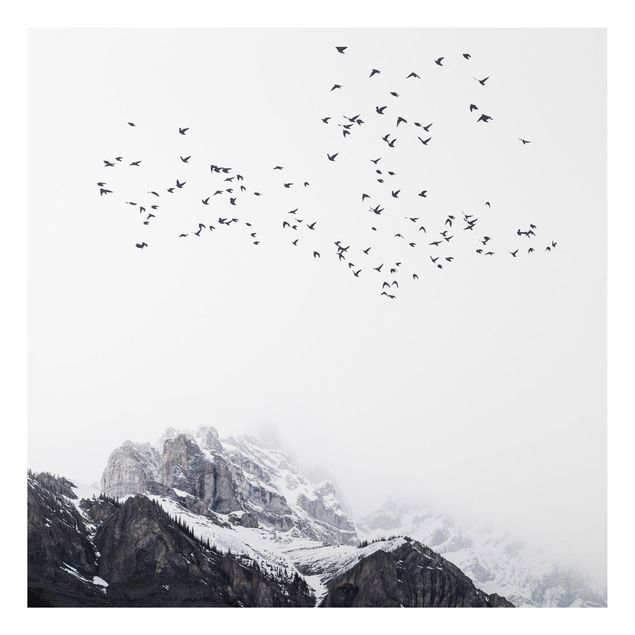 Wanddeko Flur Vogelschwarm vor Bergen Schwarz Weiß