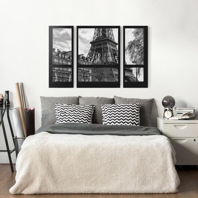 Wanddeko Flur Fensterausblick Paris - Nahe am Eiffelturm schwarz weiß