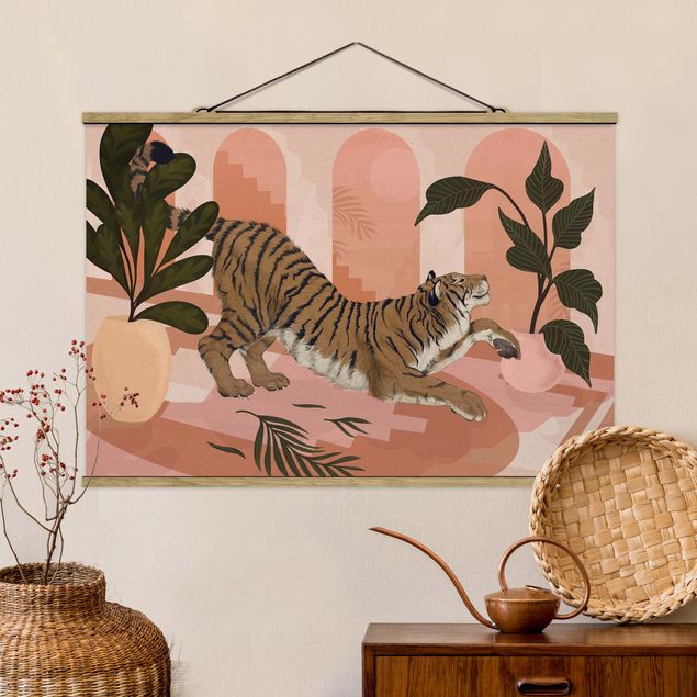 Wanddeko Wohnzimmer Illustration Tiger in Pastell Rosa Malerei