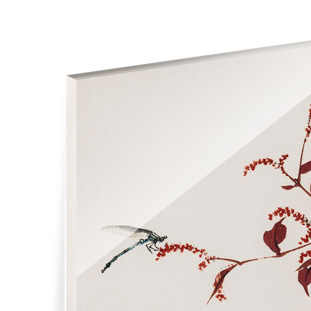 Deko Tiere Asiatische Vintage Zeichnung Roter Zweig mit Libelle