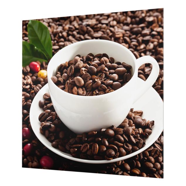 Wanddeko Fotografie Kaffeetasse mit gerösteten Kaffeebohnen