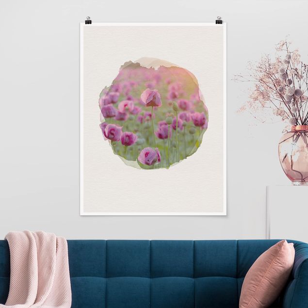 Wandbilder Mohnblumen Wasserfarben - Violette Schlafmohn Blumenwiese im Frühling