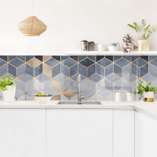 Küchen Deko Blau Weiß goldene Geometrie