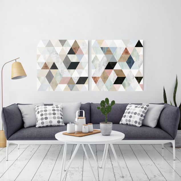 Wanddeko Schlafzimmer Aquarell-Mosaik mit Dreiecken Set I