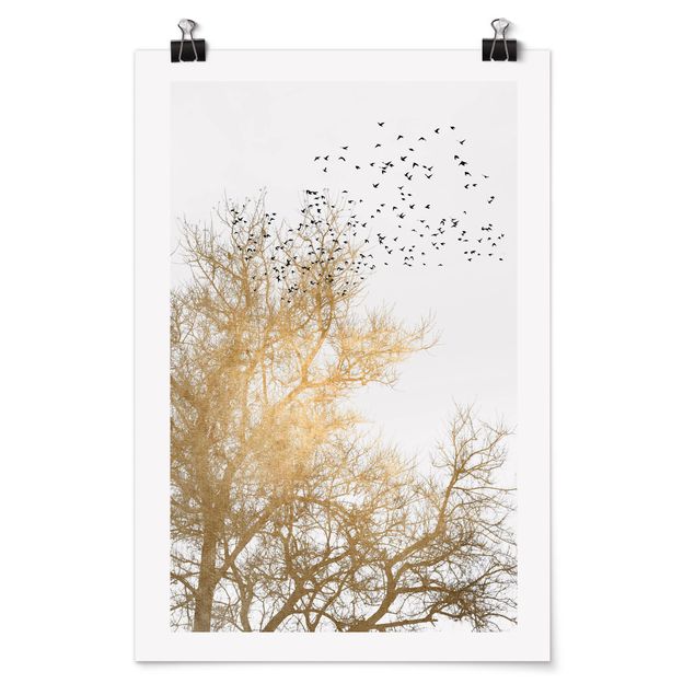 Wanddeko Esszimmer Vogelschwarm vor goldenem Baum