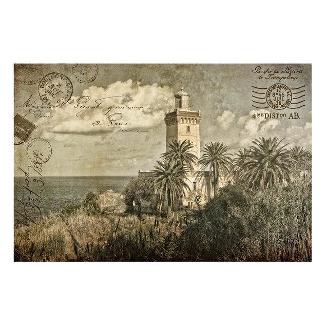 Wanddeko Flur Leuchtturm und Palmen - Vintage Postkarte