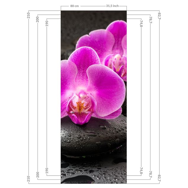 Deko Fotografie Pinke Orchideenblüten auf Steinen mit Tropfen