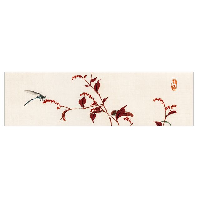 Wanddeko Tiere Asiatische Vintage Zeichnung Roter Zweig mit Libelle